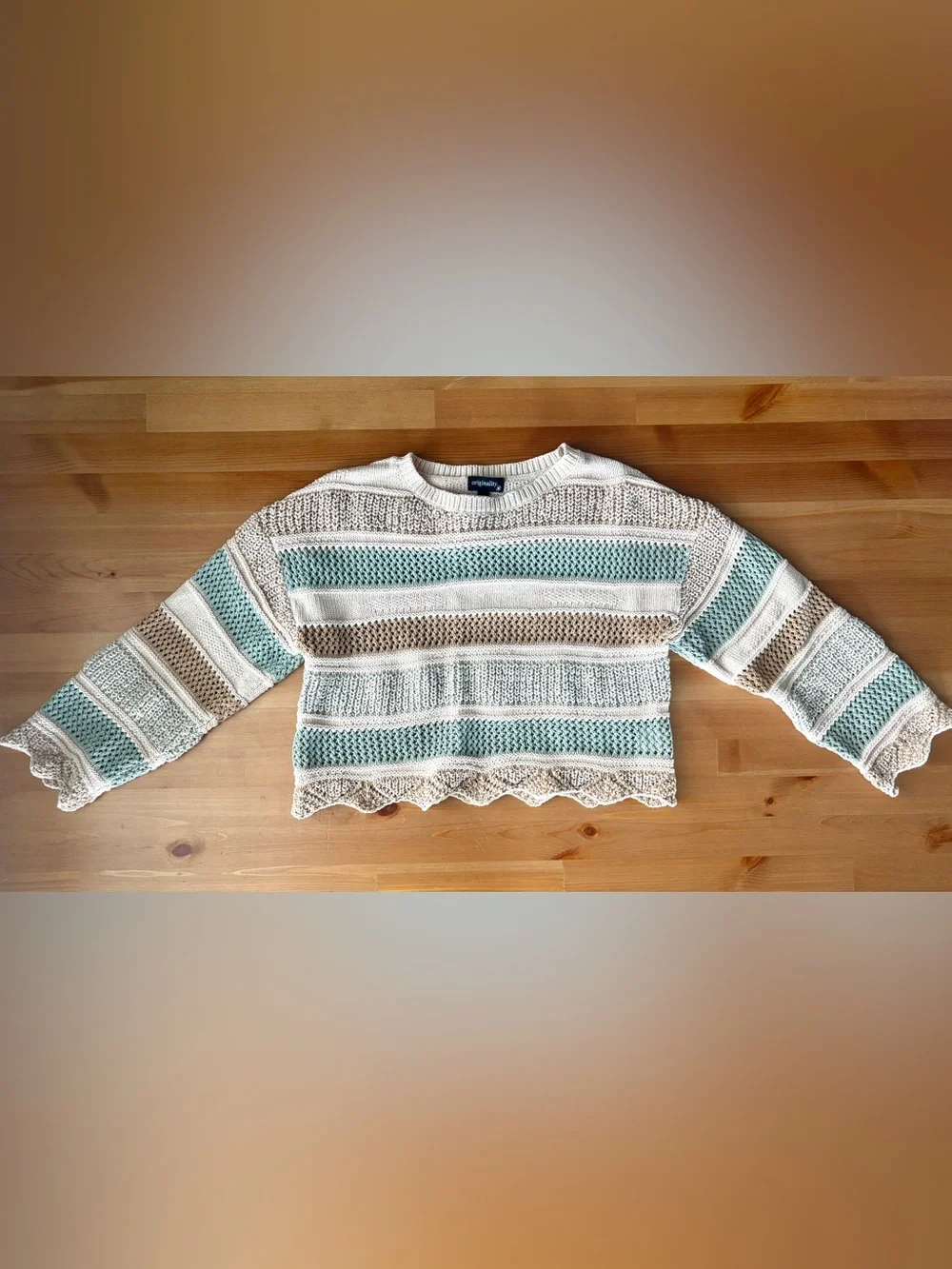 Striped Knit Sweater in Cream, Sage & Tan for Kids worn once